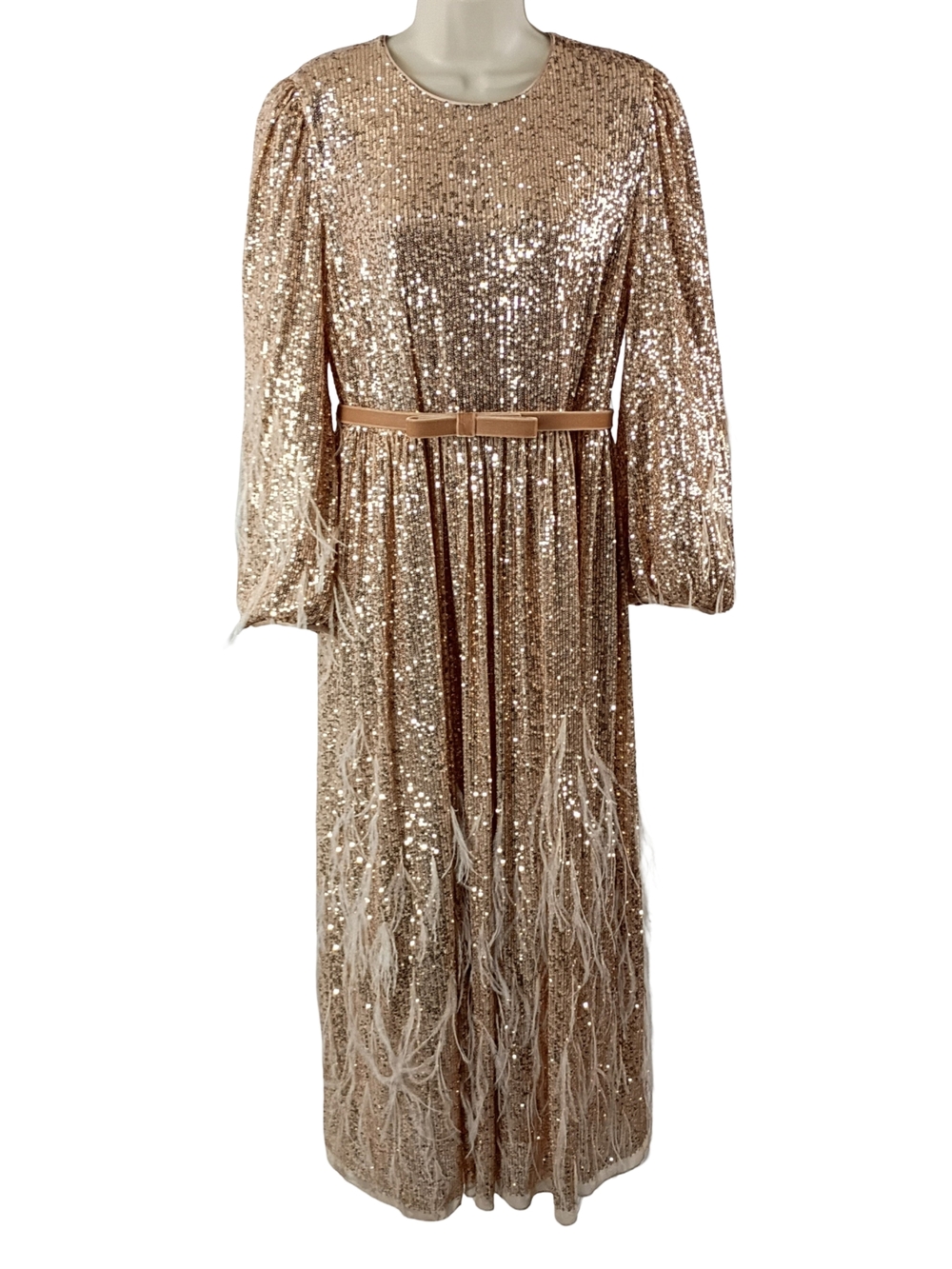 ANTONIO MELANI Gold Sequin With Feather Accents Long Sleeve Maxi Dress